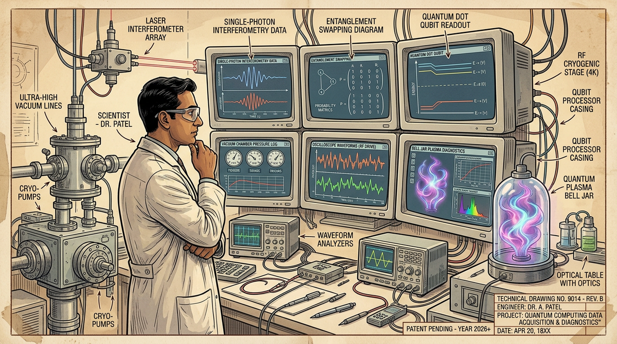Scientist studying waveforms on a bank of monitors