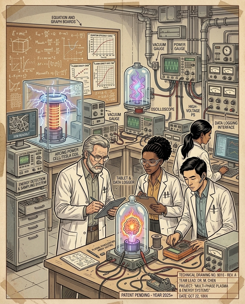 Scientists in lab coats checking readouts around a glowing bell jar, beside oscilloscopes and equation boards