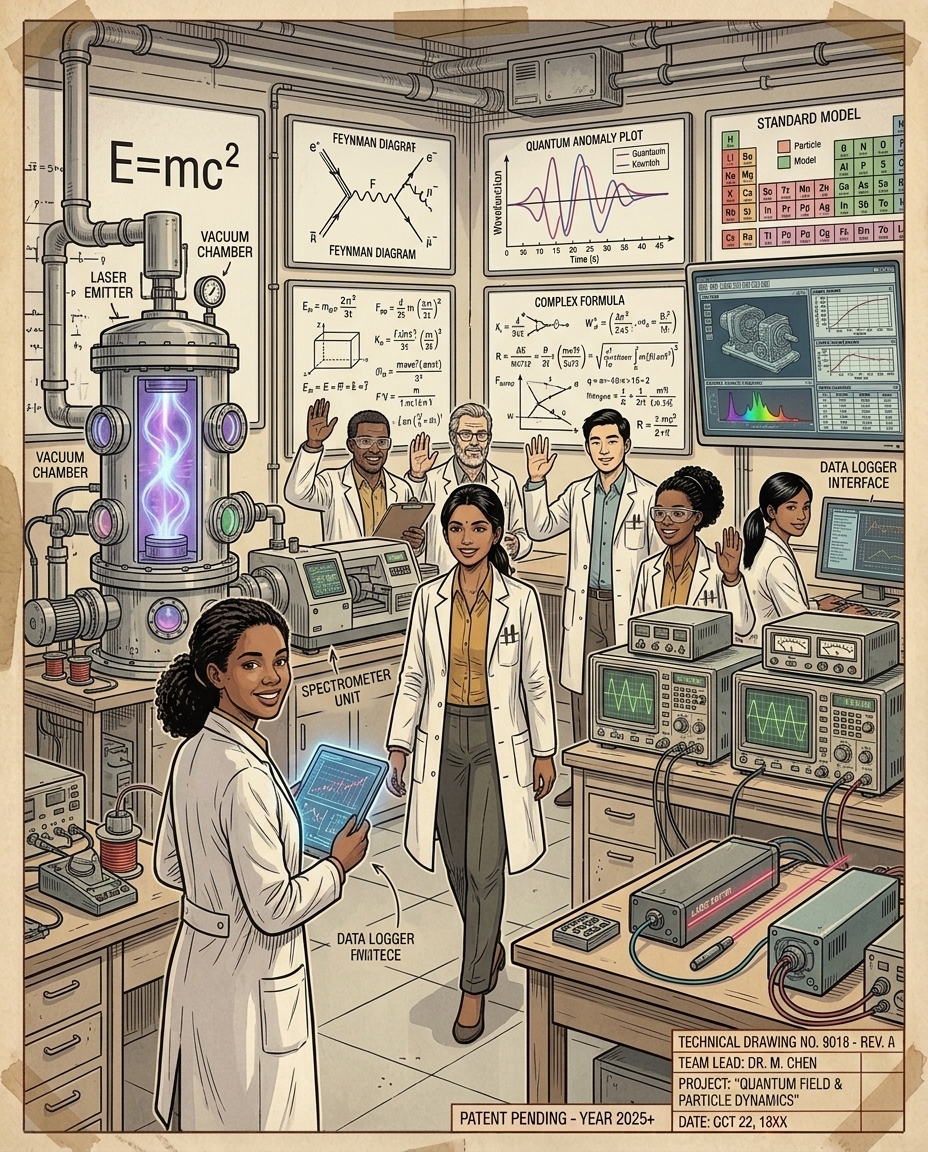 A smiling scientist holding a tablet as colleagues wave beside a vacuum chamber and oscilloscopes