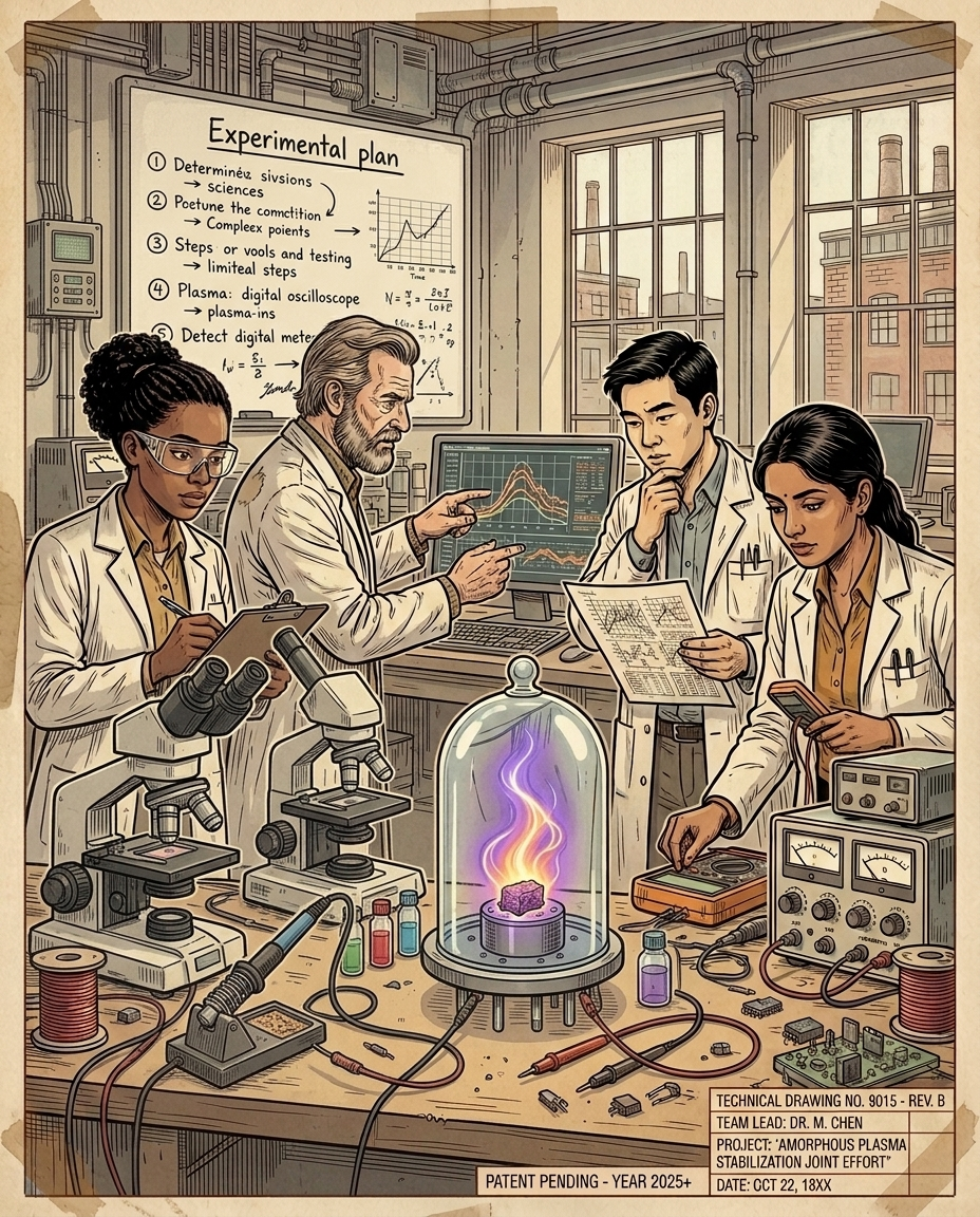 Four scientists around a bench with a glowing bell jar, one pointing at an experimental plan on a whiteboard