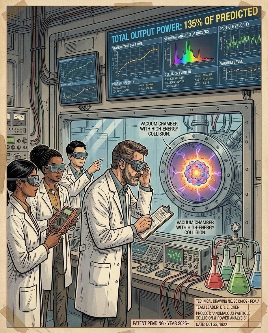 Scientists in goggles watching a glowing particle collision, with a screen reading total output power 135% of predicted