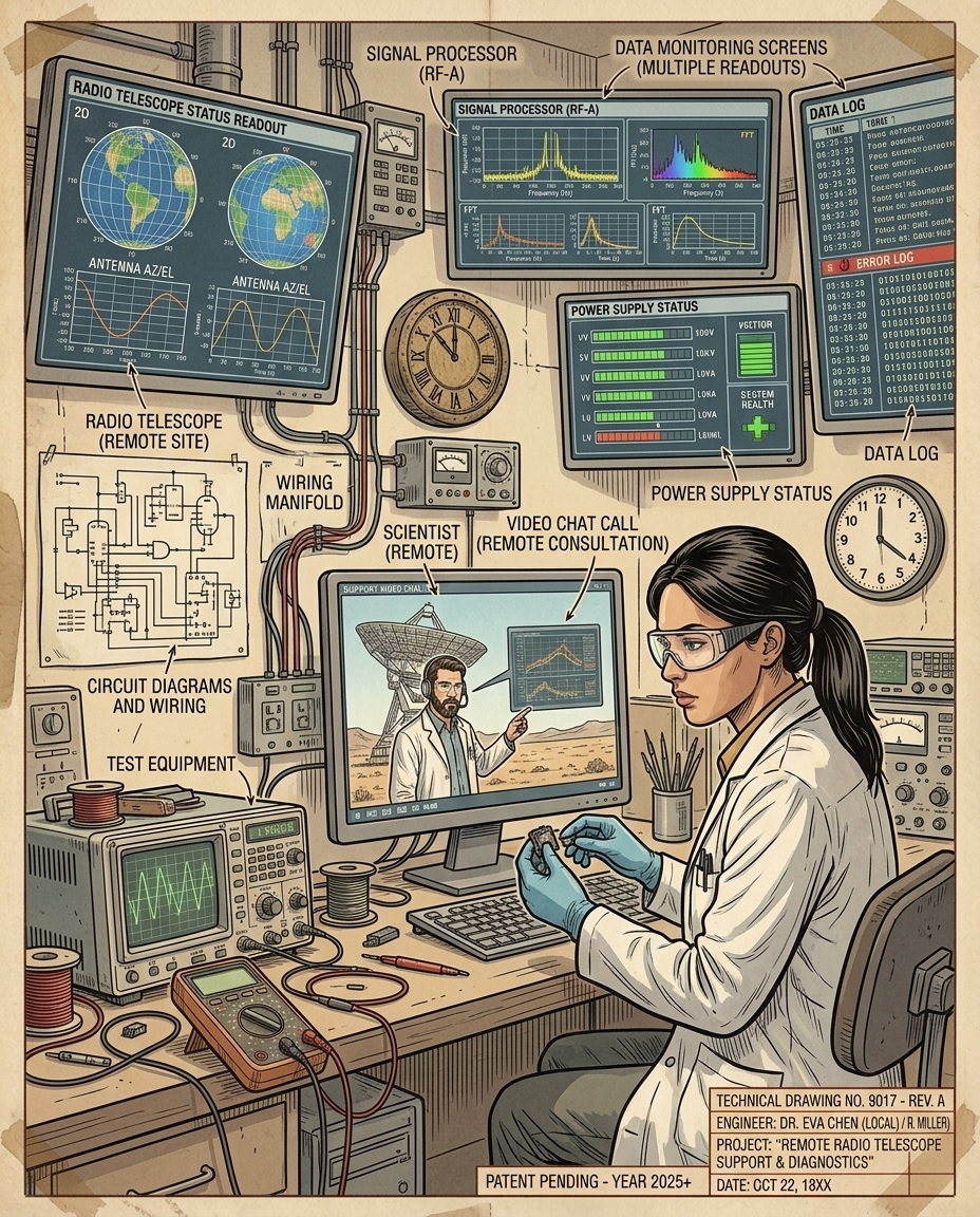 A scientist at a workbench with a remote colleague on a video call, beneath radio-telescope status screens