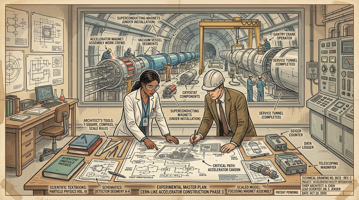 Engineers reviewing plans beside a particle accelerator tunnel under construction