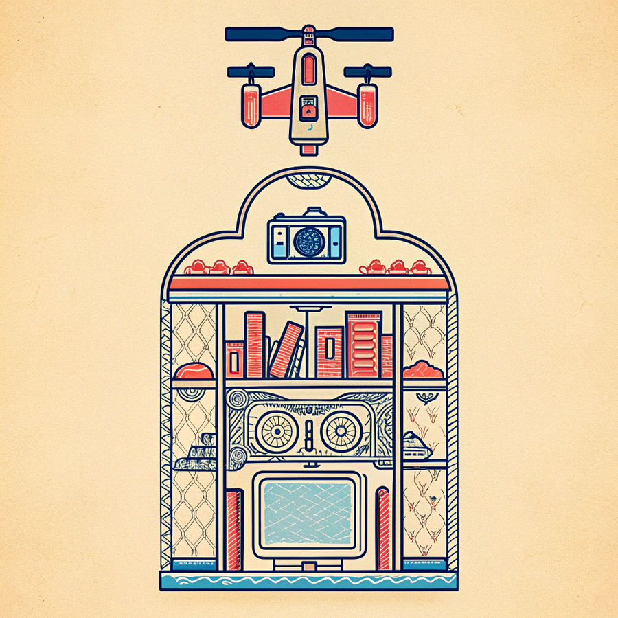 Camera drone hovering above a display cabinet of products