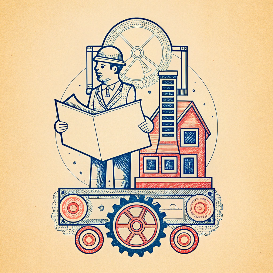 Engineer reading plans beside a house moving along a conveyor of gears
