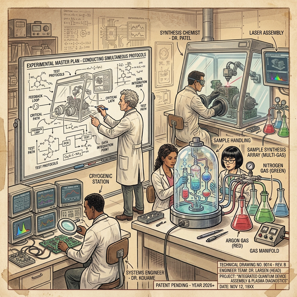 Team of scientists planning at a whiteboard surrounded by lab equipment