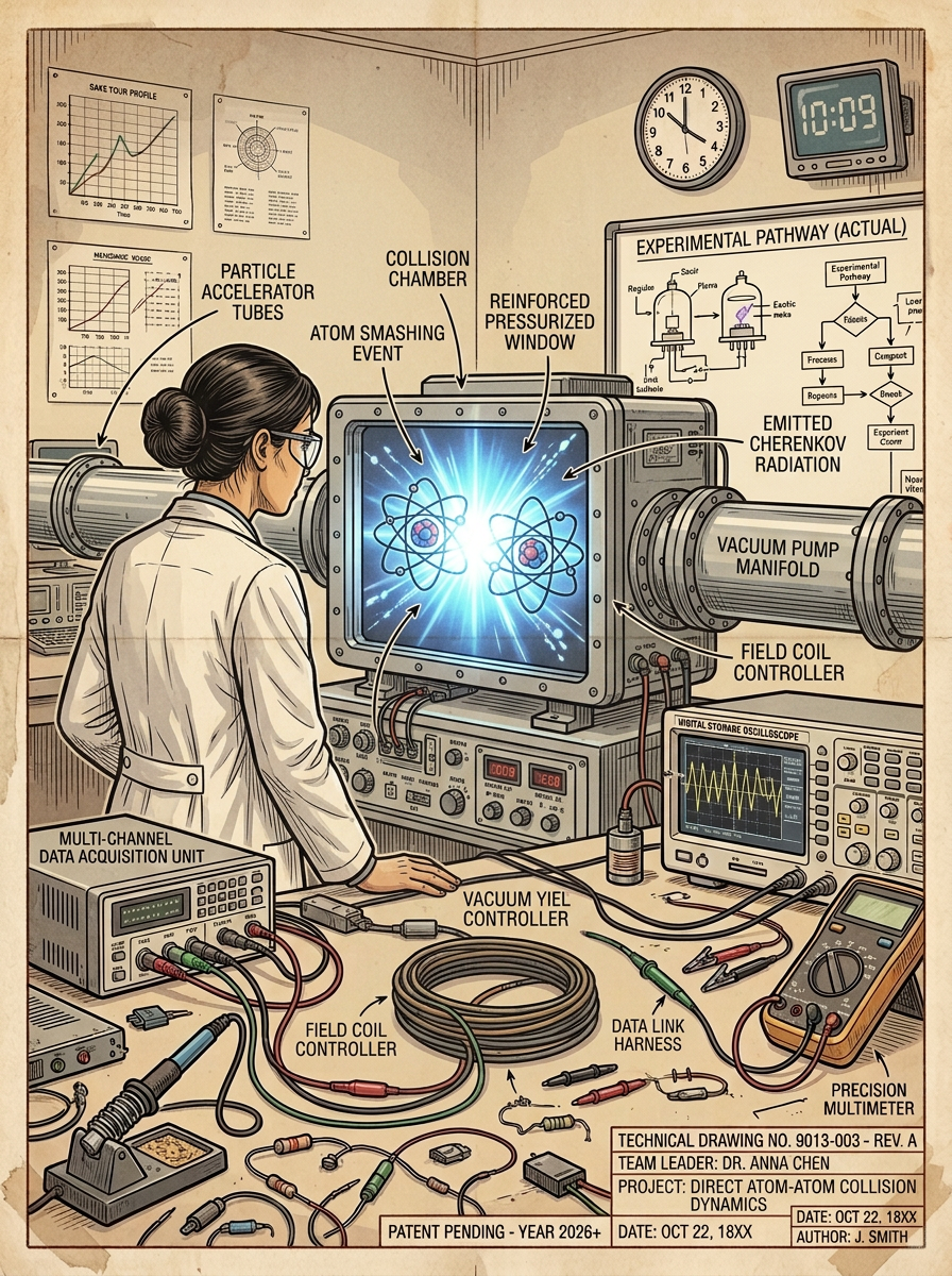 Scientist watching a glowing collision on a monitor