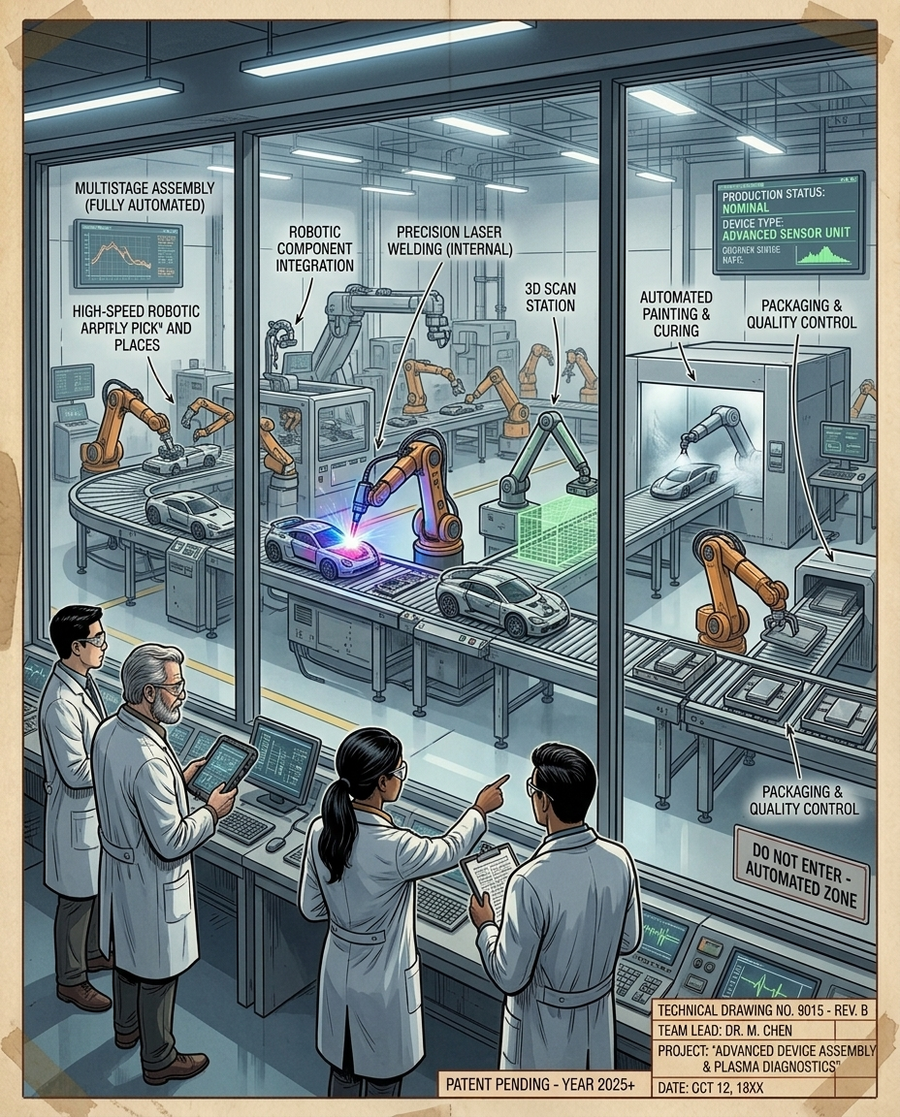 Scientists watching through glass as robot arms assemble small cars on an automated factory line