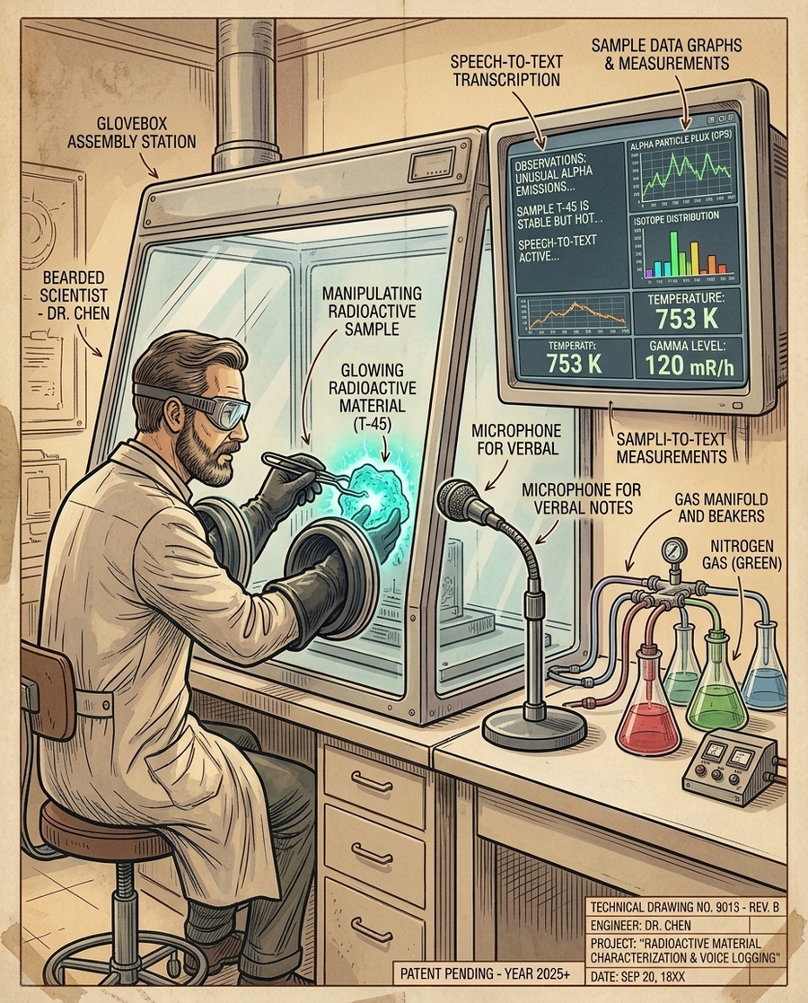 A bearded scientist in goggles working a sample inside a glovebox, with a microphone and a screen transcribing his notes