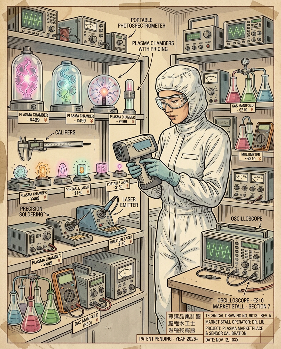 A scientist in a protective suit inspecting shelves of plasma chambers with price tags at a laboratory market stall