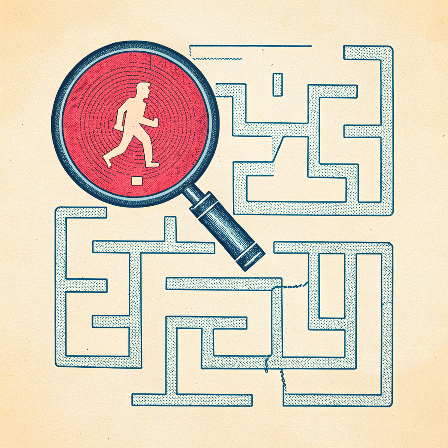 Magnifying glass over a figure running through a maze