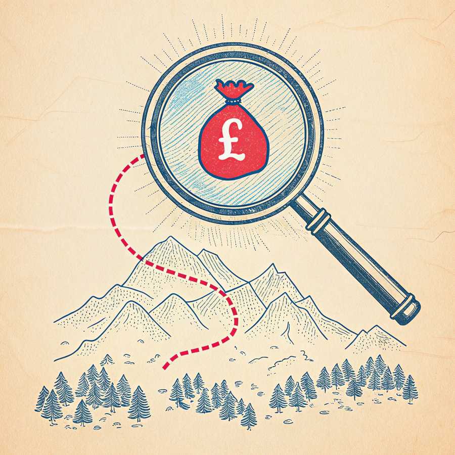 Magnifying glass over a money bag at the end of a path through mountains